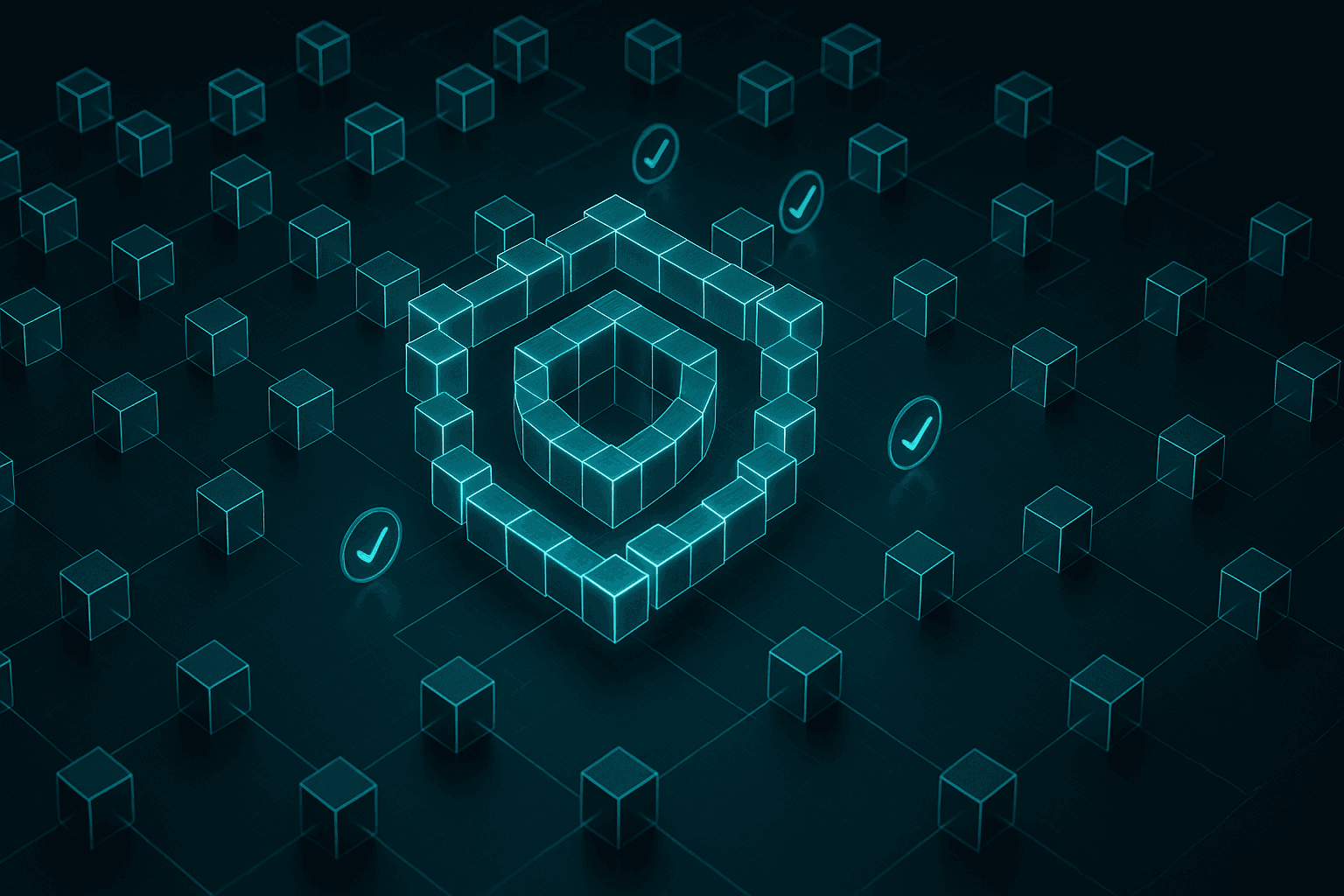 Isometric blockchain node grid forming secure shield illustration